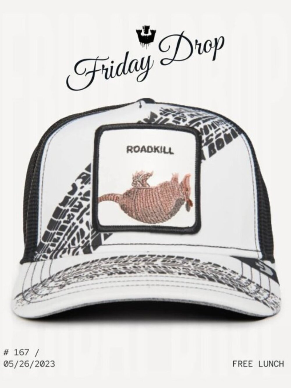 New in Box Limited Edition Goorin Bros “Free Lunch” Roadkill Trucker Hat